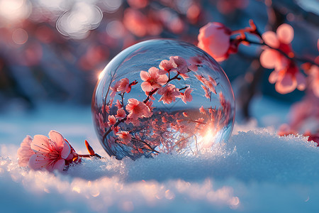 雪是树上花朵雪地里的冰球设计图片
