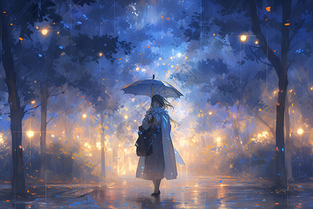 夜晚打着雨伞的女性背景图片