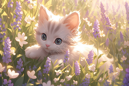 白色小猫在薰衣草花丛中插画