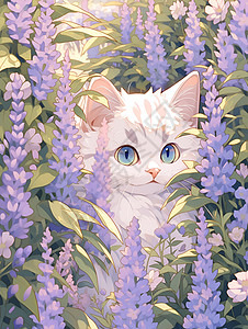 紫色花朵中的小白猫高清图片