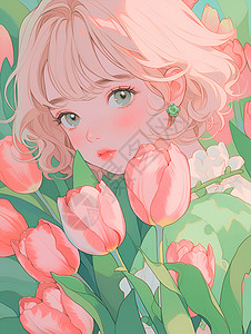 漂亮花束粉色郁金香的可爱少女插画