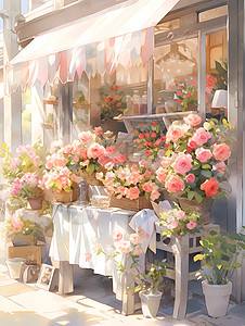 花店建筑花朵绽放的花店插画