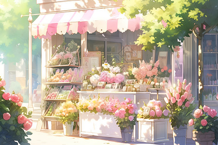 街角建筑美丽的花店插画