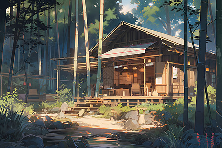 竹林中的小屋背景图片