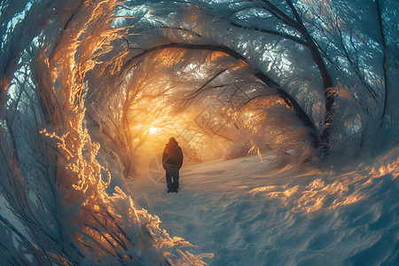 冬季雾凇冬日树林中的穿越者插画