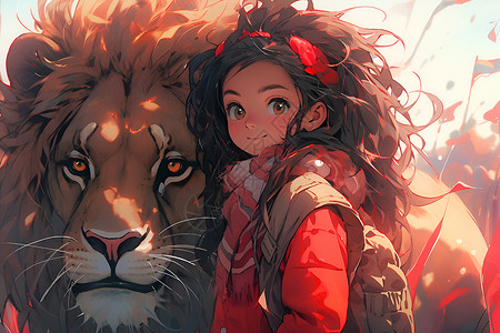 小女孩拥抱着一只狮子背景图片