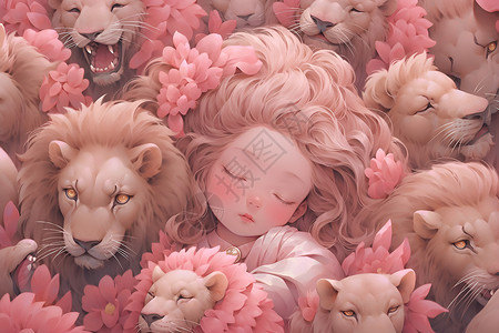 女孩与狮子共处背景图片