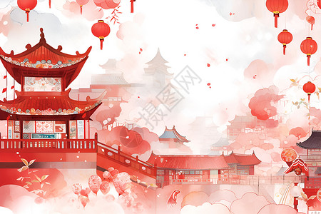 梦幻的中国风古建筑插图背景图片
