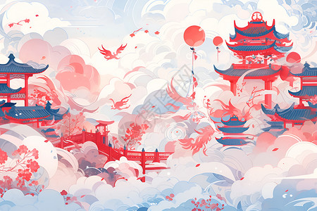 瑞云绘梦的中国风古建筑插图背景图片