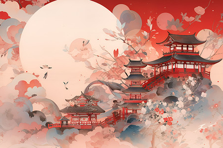 华丽的中国风古建筑插图背景图片