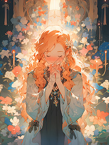 卡通风格的祈祷少女背景图片