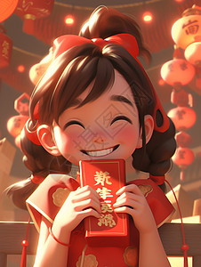 温馨红包的可爱少女插图背景图片