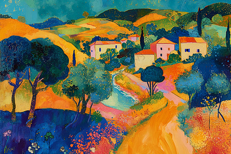 丰富色彩中的山村背景图片