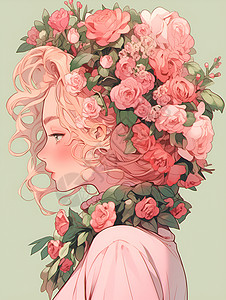 盛开粉玫瑰头戴玫瑰花环的女孩插画