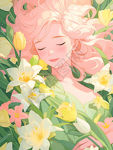 盛开粉玫瑰花间快乐的少女插画