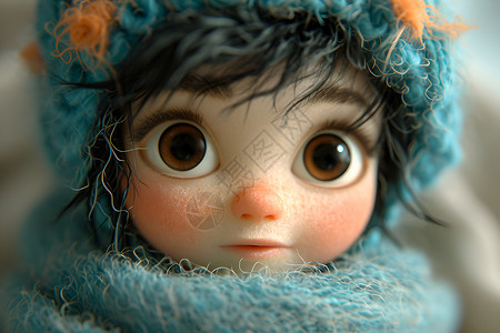 工艺品毛线摆件戴蓝色帽子围巾的娃娃插画