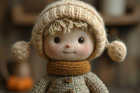 人偶娃娃戴帽子围巾的毛线娃娃插画