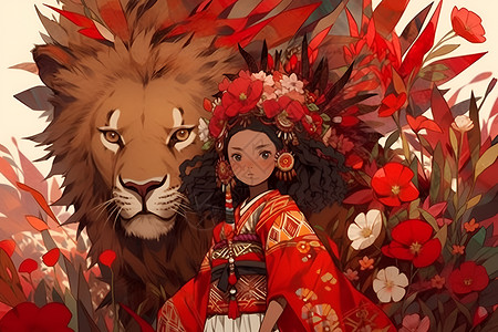 红狮子童话世界里的红色邂逅插画