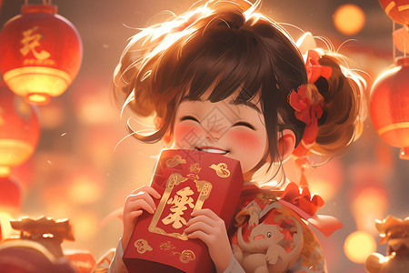 元宵节创意快乐的中国小女孩插画