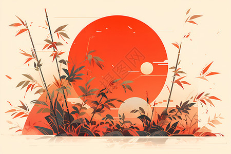 创意烟红色夕阳照耀的竹林背景插画