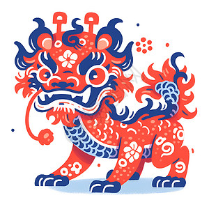中国龙舟龙狮文化名城红蓝双狮图案插画