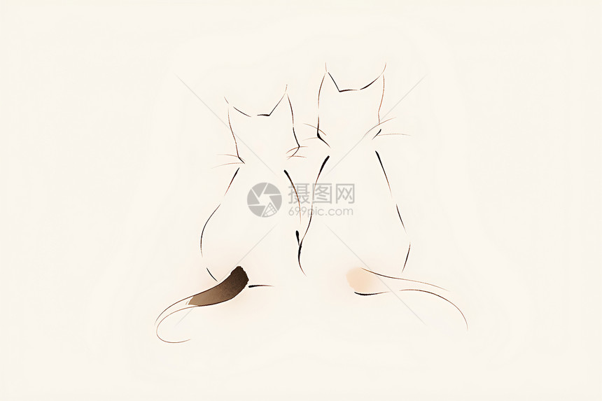 线条描绘的两只可爱猫咪图片