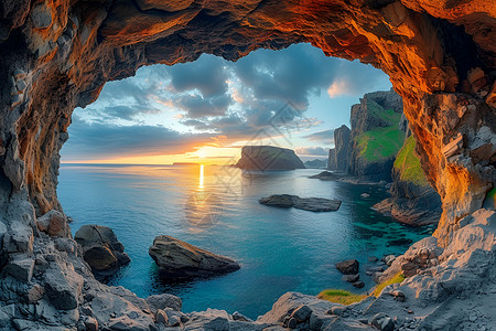 崖洞的海洋和日落中的小船高清图片