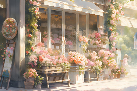 鲜花围绕的花店插画