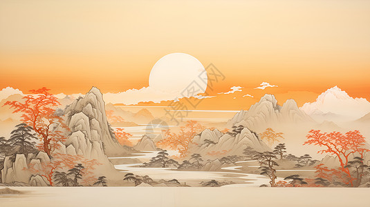 山水河流美景远山飘的美景插画