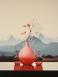 中国瓷器中国山水背景和花瓶插画