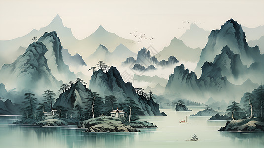 山水河流美景山水之间的美景插画