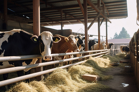 棚舍牛在农舍吃干草背景