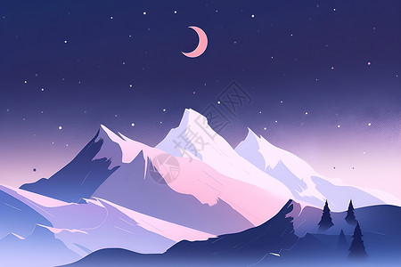 夜晚雪山月夜山岳插画