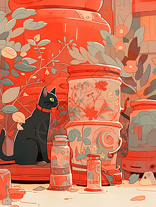 红色调的黑猫背景图片