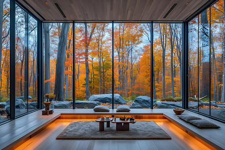 房子森林玻璃窗外的风景背景