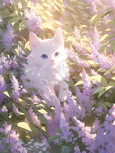 紫色花丛中白猫背景图片