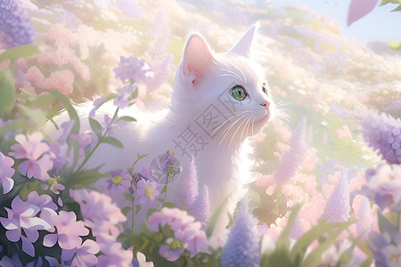薰衣草花朵薰衣草中的白猫插画