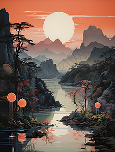 插画的山脉河流背景图片