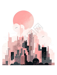 粉红夕阳下的城市背景图片