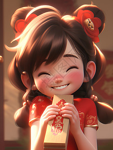春节愉快拿着红包的动漫小女孩插画