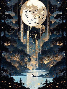 月光下神秘的森林绘画背景图片