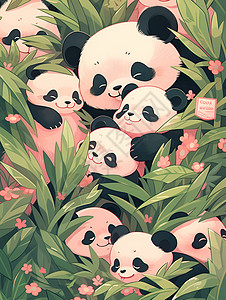 竹林中可爱的熊猫绘画背景图片