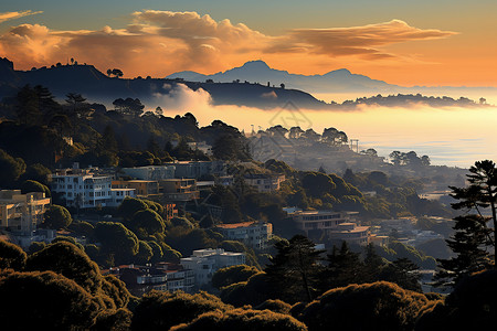 旭日初升旧金山城市与山脉合影背景图片