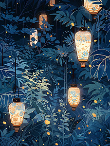 森林中的灯笼和萤火虫背景图片