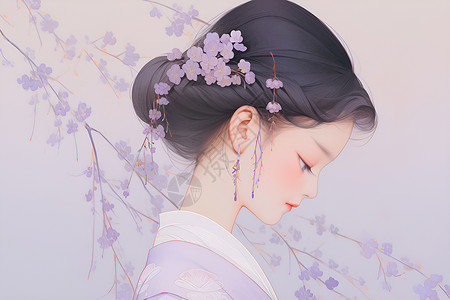 紫色汉服梦幻仙境的少女插画