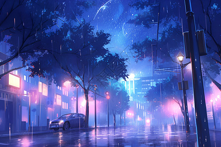 街道雨雨夜梦幻城市插画