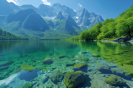 湖泊映照山岳背景图片