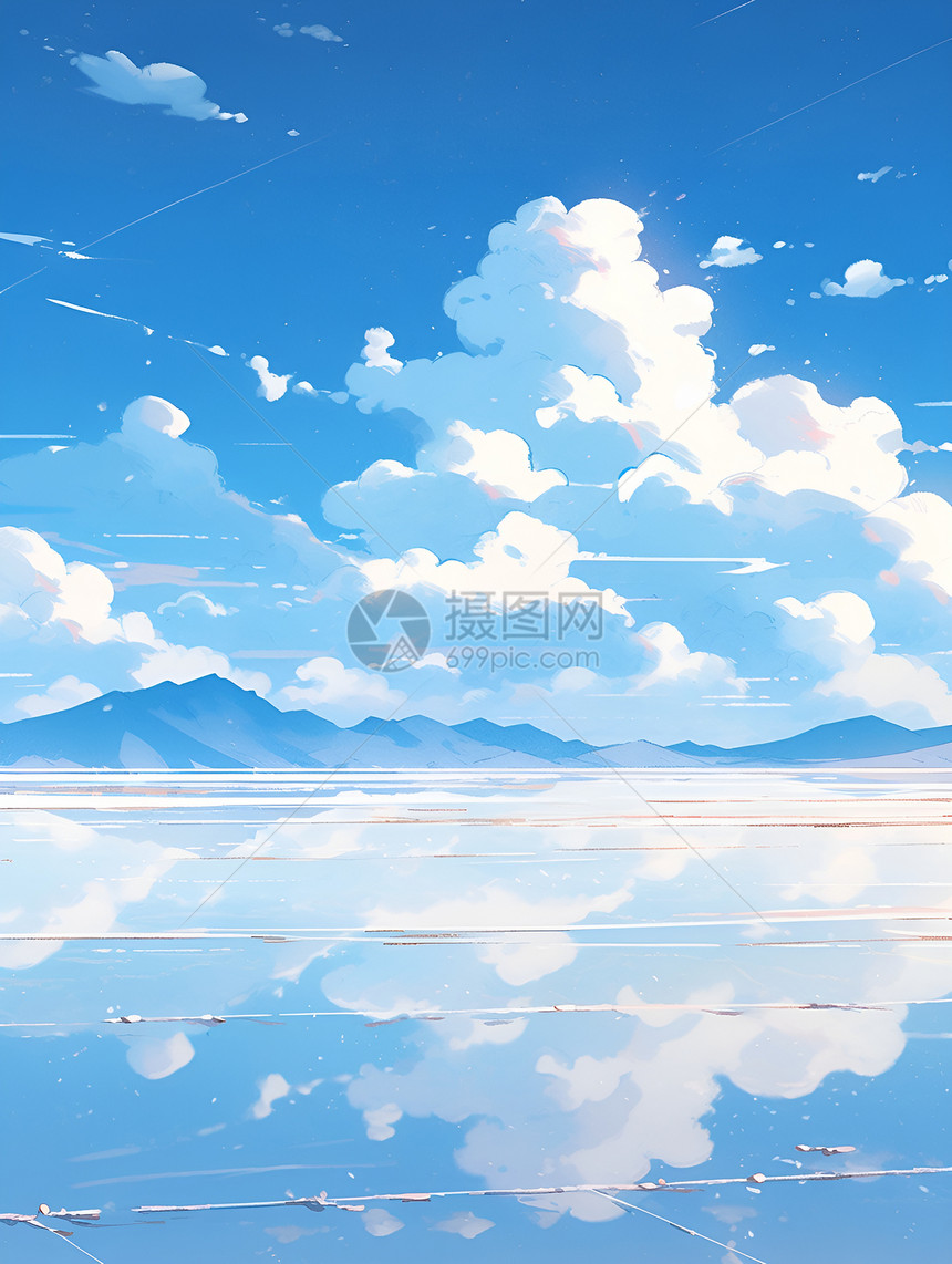 悠然盐湖横卧蓝天白云中图片