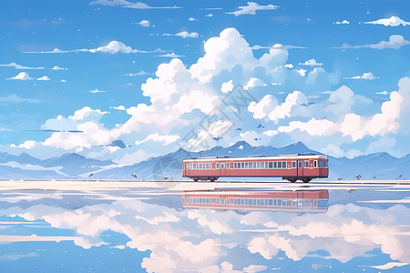 迷你小火车湖畔飘动的红色火车插画