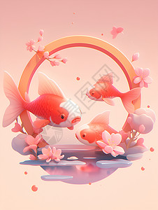 可爱梦幻花环粉色背景中的金鱼花圈插画